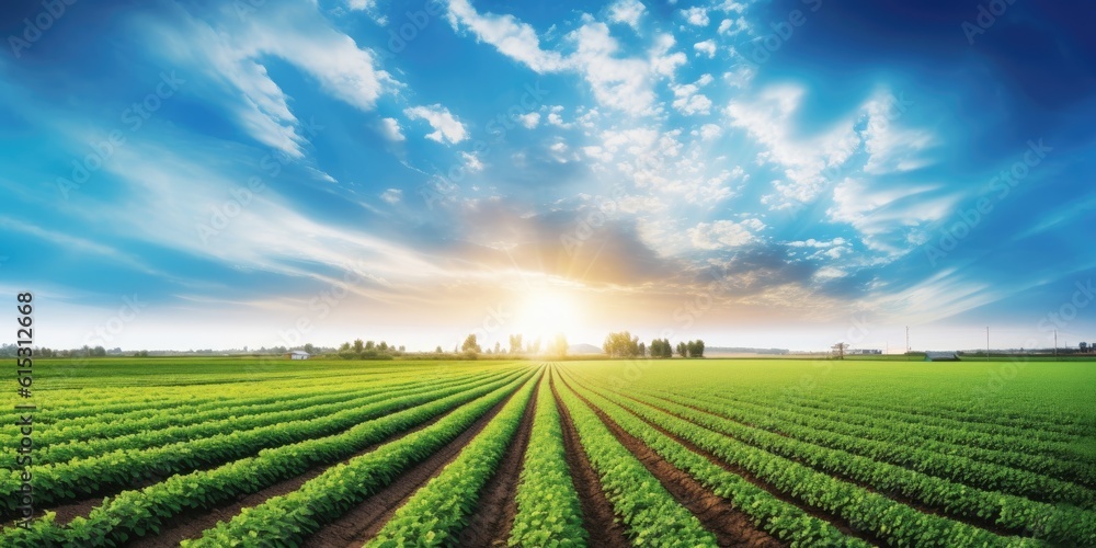 A verdant, sunlit field of thriving crops. Generative AI