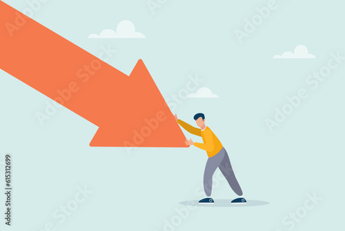 The guy pushes the falling arrow with all his might. Survive an investment crash, a crisis or recession, a pushback or an attempt to win in business, an economic downturn. Vector illustration.
