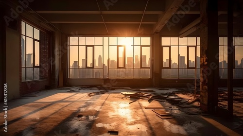 Large empty open space abandoned office or apartment loft or studio with some glass window view beautiful evening city sunset. Construction or renovation concept. Generative AI technology.
