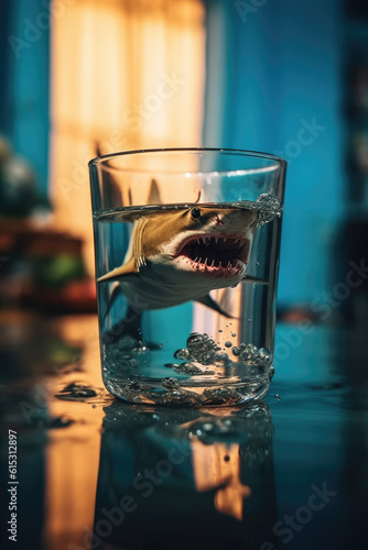 A shark swimming inside a glass of water