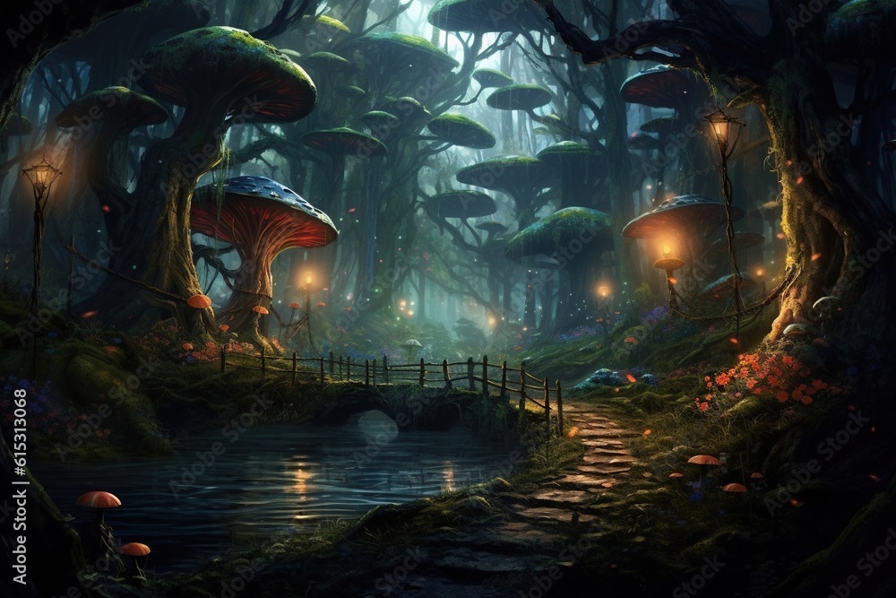 Fantasy landscape with fantasy forest.Generative Ai Fantasy landscape with fantasy forest.Generative Ai