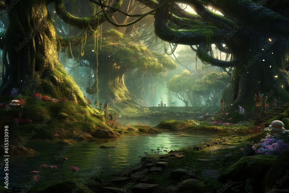 Fantasy landscape with fantasy forest.Generative Ai