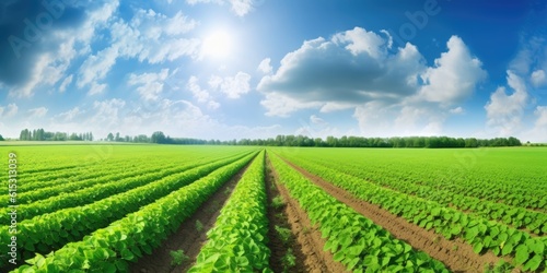 A verdant  sunlit field of thriving crops. Generative AI