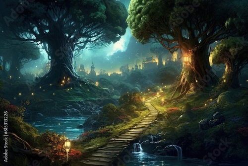 Fantasy landscape with fantasy forest.Generative Ai © Rudsaphon