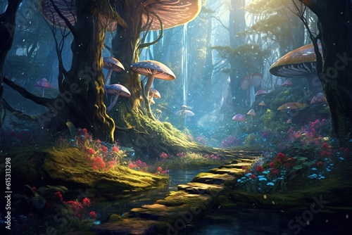 Fantasy landscape with fantasy forest.Generative Ai