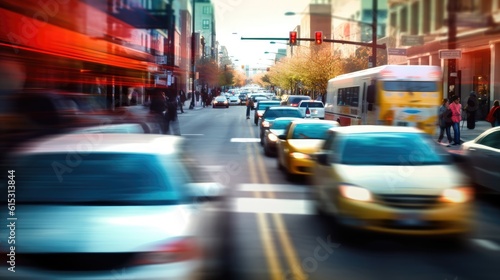 Bustling urban scene with a diverse array of vehicles navigating the city streets. Generative AI