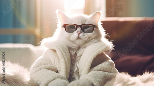 A cat sit on floor with sunglasses