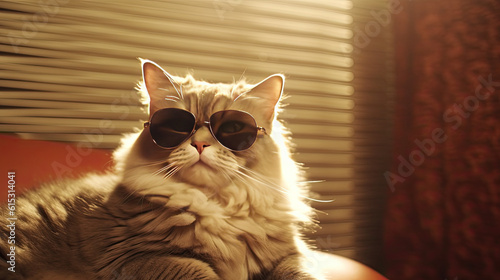 A cat sit on floor with sunglasses