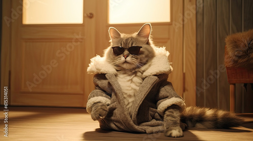 A cat sit on floor with sunglasses