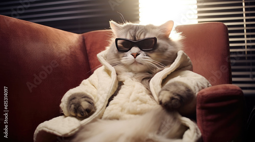 A cat sit on floor with sunglasses