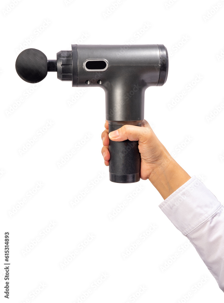 Close up Female hand holding electric massager for relaxation, fatigue Black handheld electric massager isolate on white with clipping path. Close up Female hand holding electric massager for relaxation, fatigue Black handheld electric massager isolate on white with clipping path.