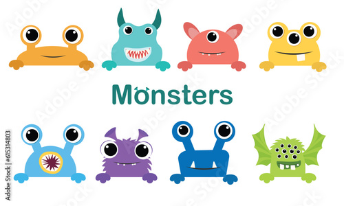 Monster peeking out banner. Vector illustration.
