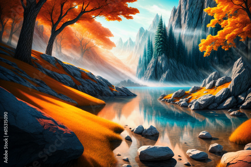 A painting of a river with rocks at sunset   painting  Generative AI illustrations