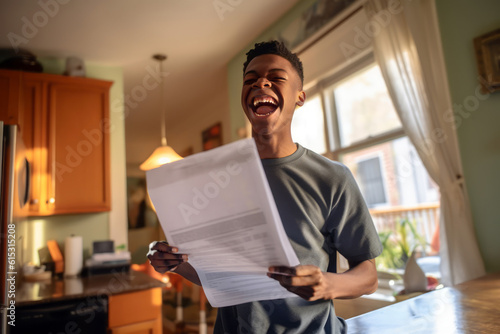 Candid capture of a joyful young man holding a college acceptance letter or loan approval, displaying his pride, excitement, and gratitude, generative ai photo