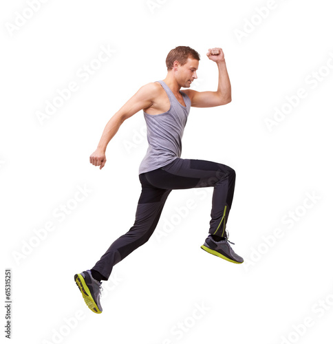 Isolated, jump and man fitness action on a transparent, png background with run. Wellness, jumping and workout of male person with race and marathon body training for exercise and sports athlete