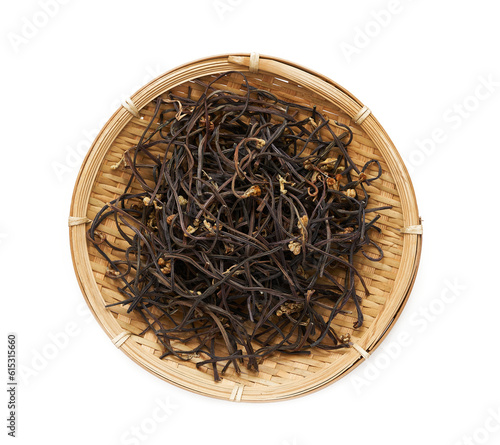 top view flat lay overhead Korean dry bracken or fernbrake Gosari in wood plate isolated on white background. Korean herb dry bracken or fernbrake. Korean food dried bracken or fernbrake photo