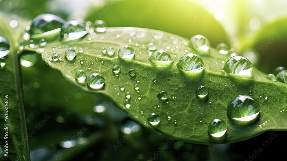 Beautiful water drops after rain on green leaf in sunlight, macro. Many droplets of morning dew outdoor, beautiful round bokeh, selective focus. Amazing artistic image of purity and fresh of nature