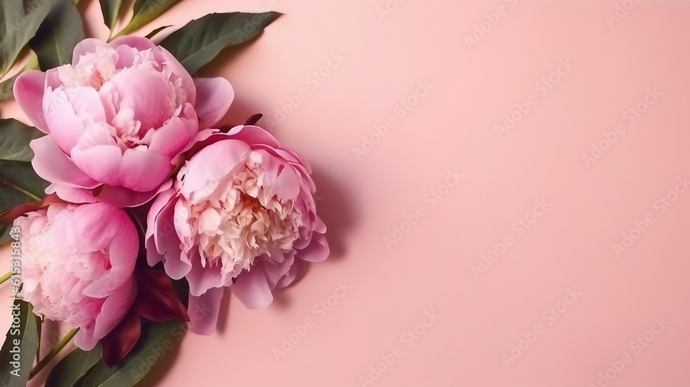 Tender peony flowers on clean pale pink background, space for text.