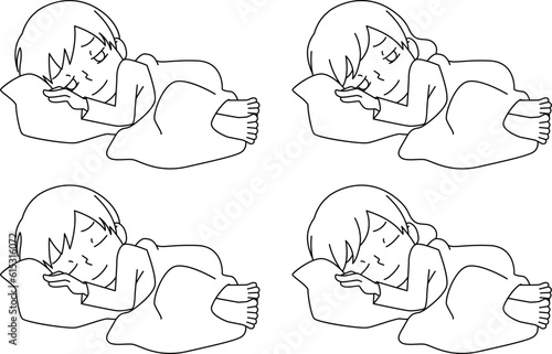 眠い人と寝てる人のイラストモノクロ白黒線画