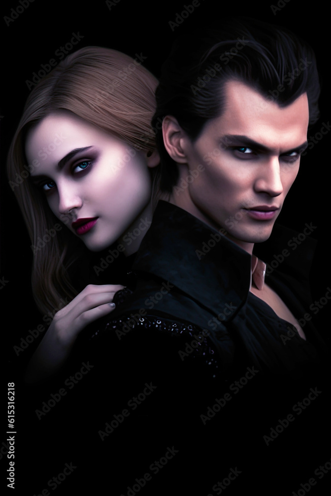 A pair of attractive vampires on a black background. Cover of a vampire romance novel. Generative AI illustration. Vintage style. A pair of attractive vampires on a black background. Cover of a vampire romance novel. Generative AI illustration. Vintage style.