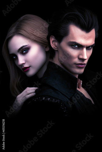 A pair of attractive vampires on a black background. Cover of a vampire romance novel. Generative AI illustration. Vintage style.