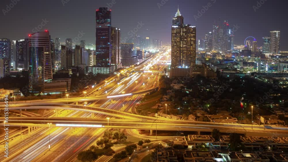 night illumination dubai city main traffic road interchange rooftop panorama 4k timelapse uae night illumination dubai city main traffic road interchange rooftop panorama 4k timelapse uae
