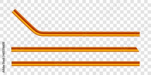 Set of gold or yellow reusable metal drinking straws. Realistic vector illustration isolated on transparent background.
