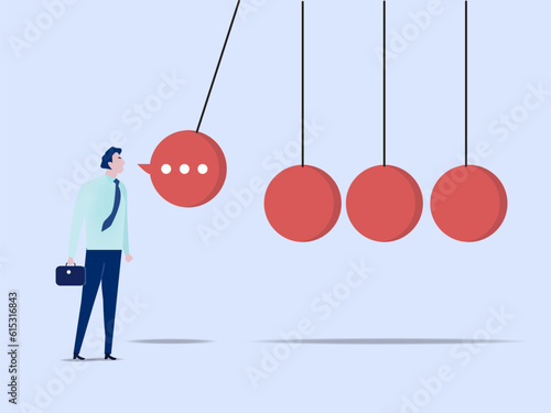Man in front of newton's cradle with a chat bubble, effect of speech or communication, Gossip and fake news concept. vector illustration.