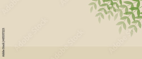 Brown or beige wall with green leaf. Perspective wall room for interior background, Product display mockup or product presentation. copy space for the text. illustration design style.