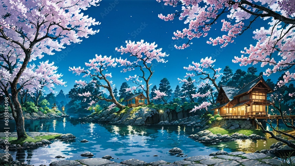 Scenic Landscape with Cherry Blossom Tree, Majestic Mountains, Reflective Lake, and Cozy Cabin Illuminated by Moonlight, Generative AI