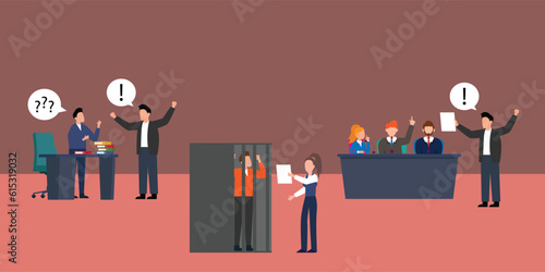 Advocate or barrister giving speech in courtroom in front of judge and jury 2d vector illustration concept for banner, website, illustration, landing page, flyer, etc.