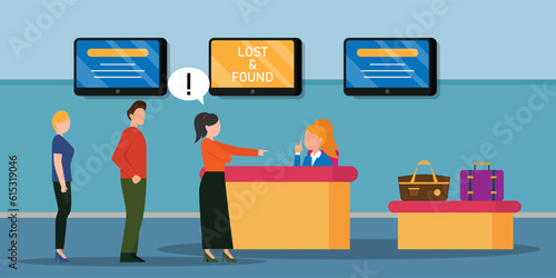 People queue at airport terminal lost and found counter desk 2d vector illustration concept for banner, website, illustration, landing page, flyer, etc.