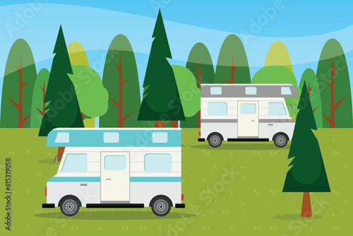 Motorhome, holiday camper car on national park 2d vector illustration concept for banner, website, illustration, landing page, flyer, etc.
