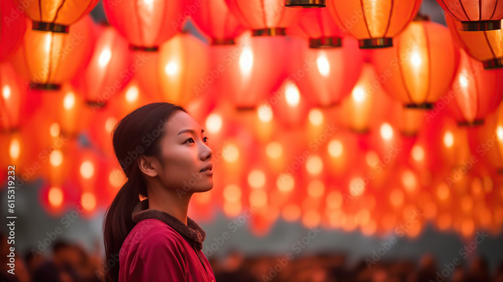 Obraz premium woman on paper lanterns bakground 