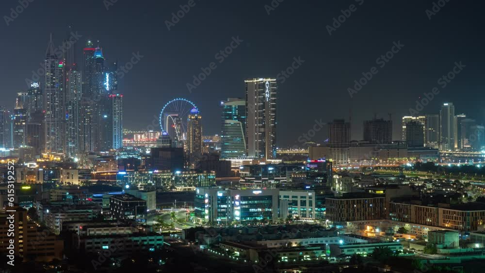 night illumination famous dubai marina district ferris wheel rooftop panorama 4k timelapse uae night illumination famous dubai marina district ferris wheel rooftop panorama 4k timelapse uae