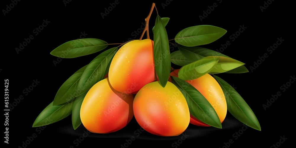 Fresh Organic Mango Fruit On Dark Background, Horizontal Trendy Illustration. Healthy Vegetarian Diet. Ai Generated Bright Trendy Illustration with Delicious Juicy Mango Fruit.