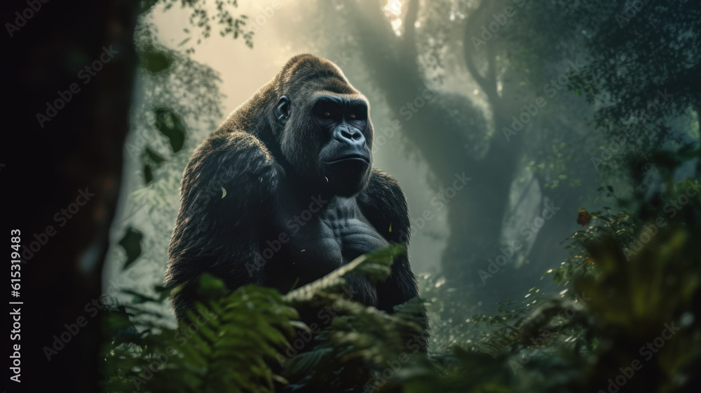 A gorilla in the forest national park 
