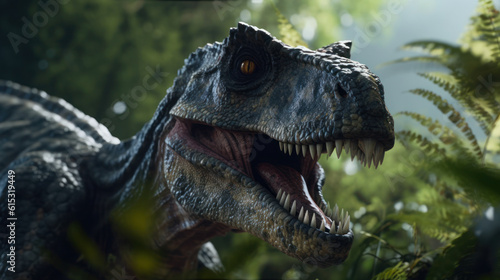 The tyrannosaurus rex dinosaur in the forest fighting  