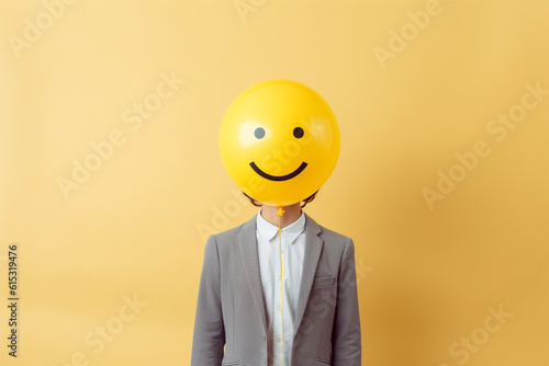 Man with yellow happy emoticon balloon covering face