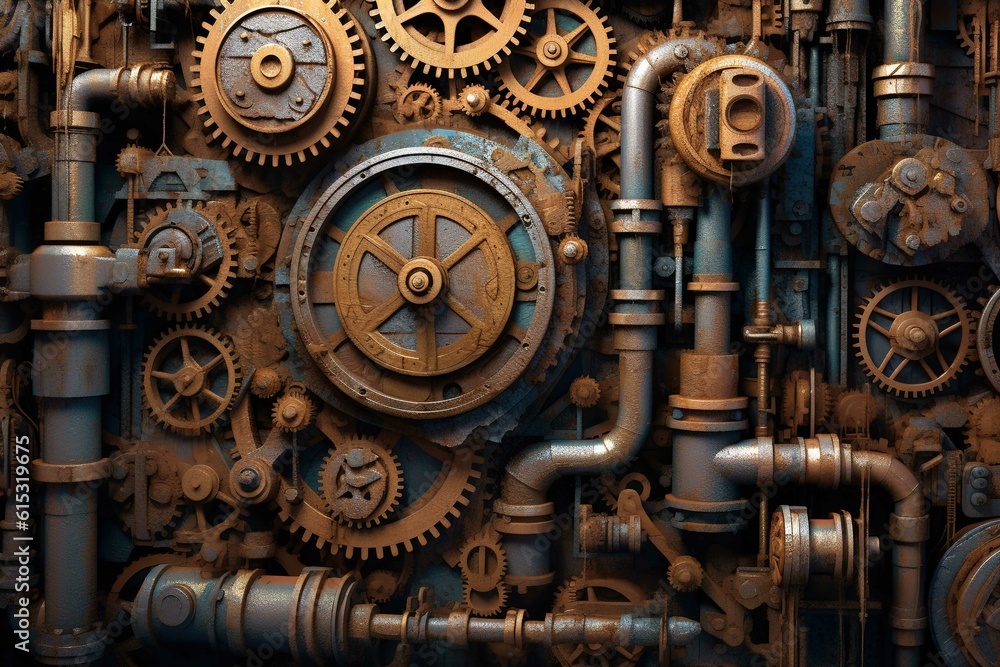 Rusty gears in old iron metal wall background texture. Generative ai