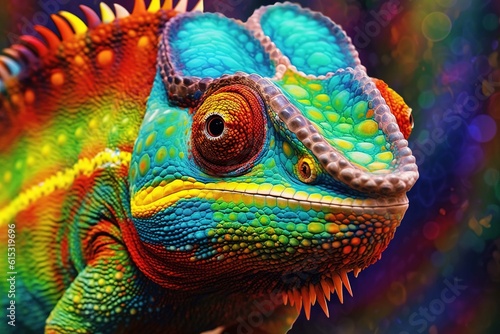 Closeup of a colorful chameleon lizard. generative AI © zorandim75