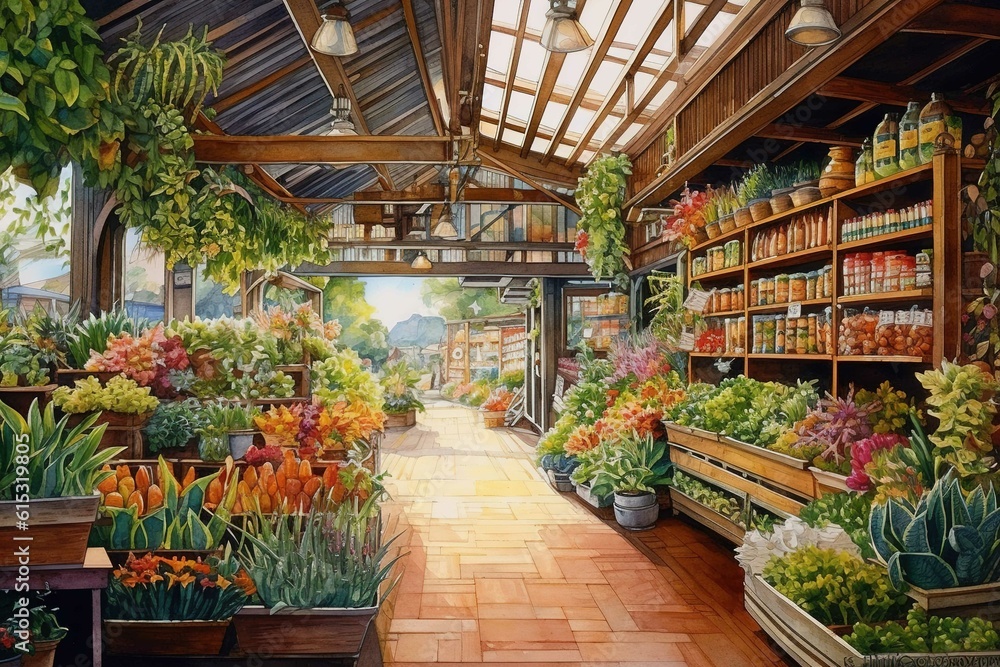 Detailed watercolor illustration of a grocery store. Generative Ai