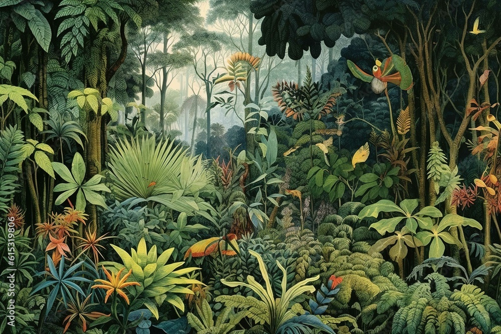 Fototapeta premium Exotic jungle with green foliage and vegetation, watercolor illustration. Generative AI