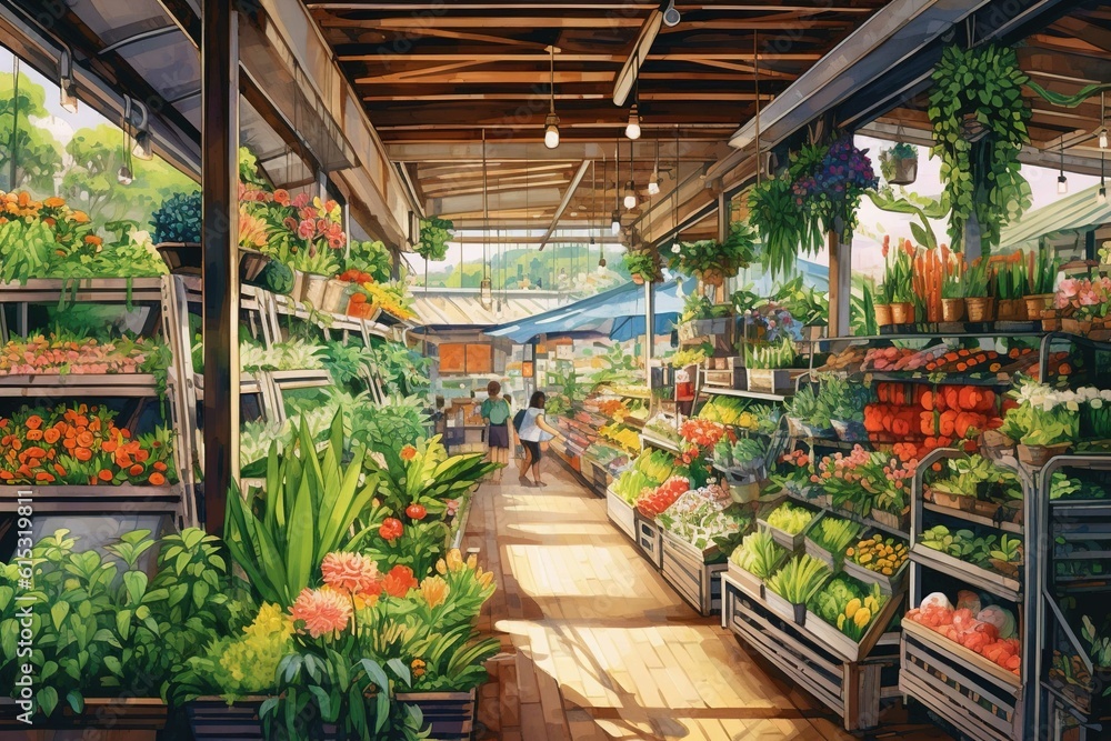 Detailed watercolor illustration of a grocery store. Generative Ai