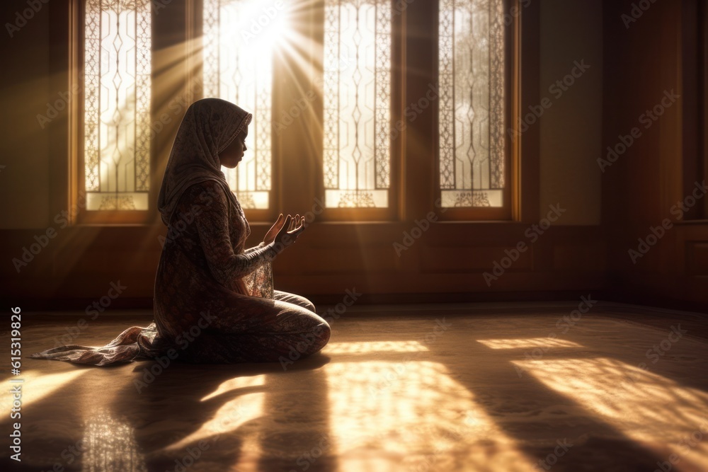 Young Muslim black woman kneeling in prayer, with rays of sunlight streaming through the window, creating a heavenly ambiance Young Muslim black woman kneeling in prayer, with rays of sunlight streaming through the window, creating a heavenly ambiance