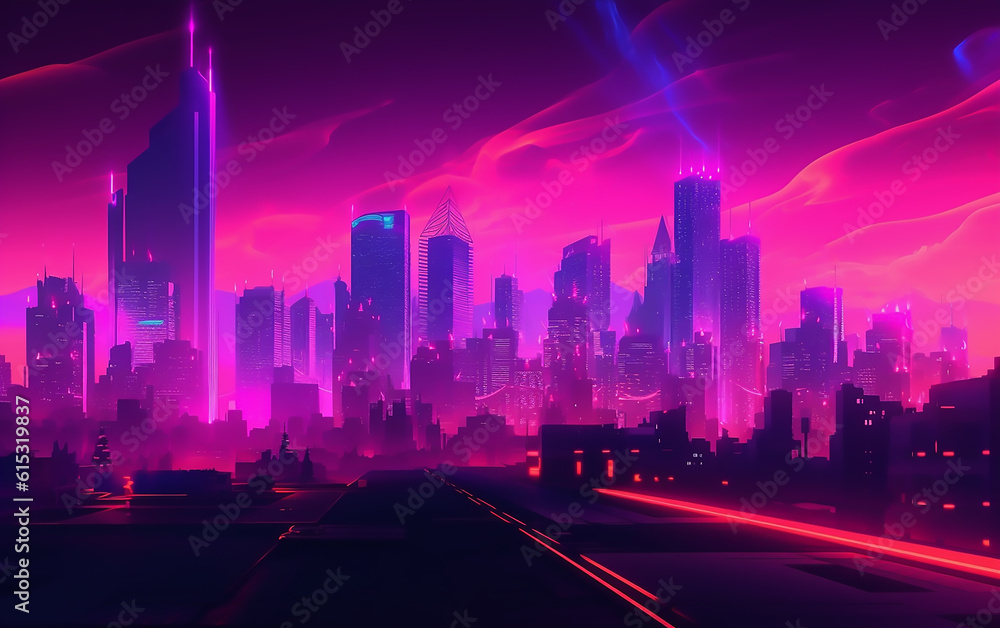 Neon city skyline at night. Generative AI technology.