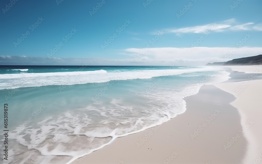 Beautiful landscape with white sand and blue ocean. Generative AI technology. Beautiful landscape with white sand and blue ocean. Generative AI technology.