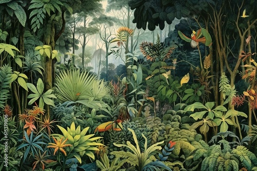 Exotic jungle with green foliage and vegetation, watercolor illustration. Generative AI © zorandim75