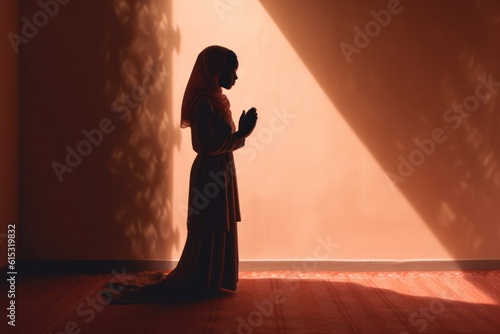 Elegant silhouette of a young Muslim black woman in prayer, shadow on wall