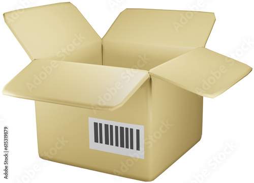 3D open cardboard box with barcode. Online shopping, shipment delivery and tracking system.
